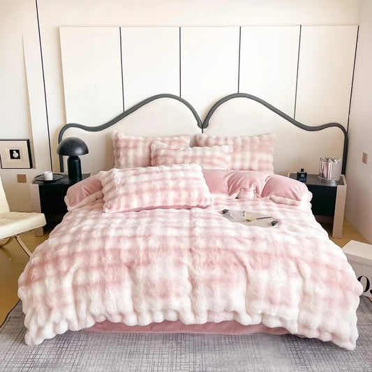 Bed standing in a bedroom fitted with Pink Velvet Bedding