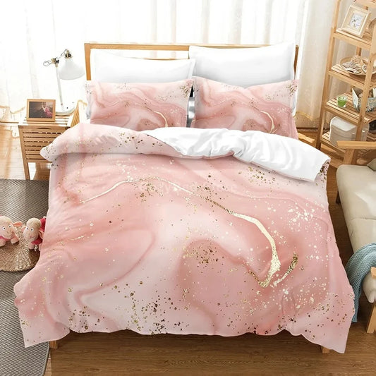 Bed standing on a bedroom with wooden decor and Pink and Gold Bedding