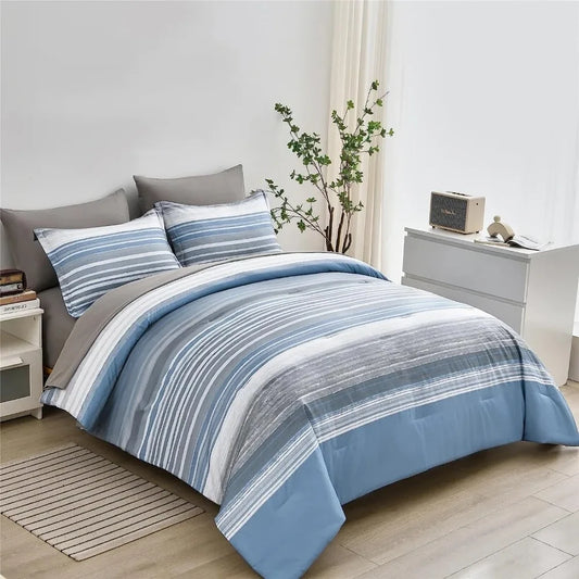 Bed standing in a bedroom fitted with a Blue Gray Bedding set next to furniture