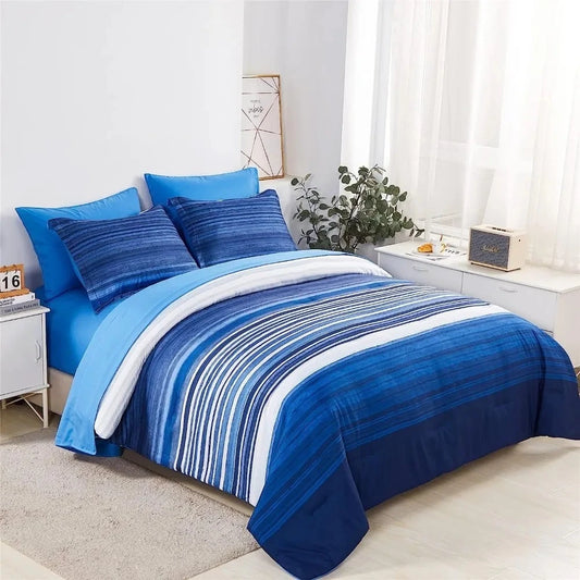 Bed standing in a white themed bedroom fitted with a Blue Striped Bedding set