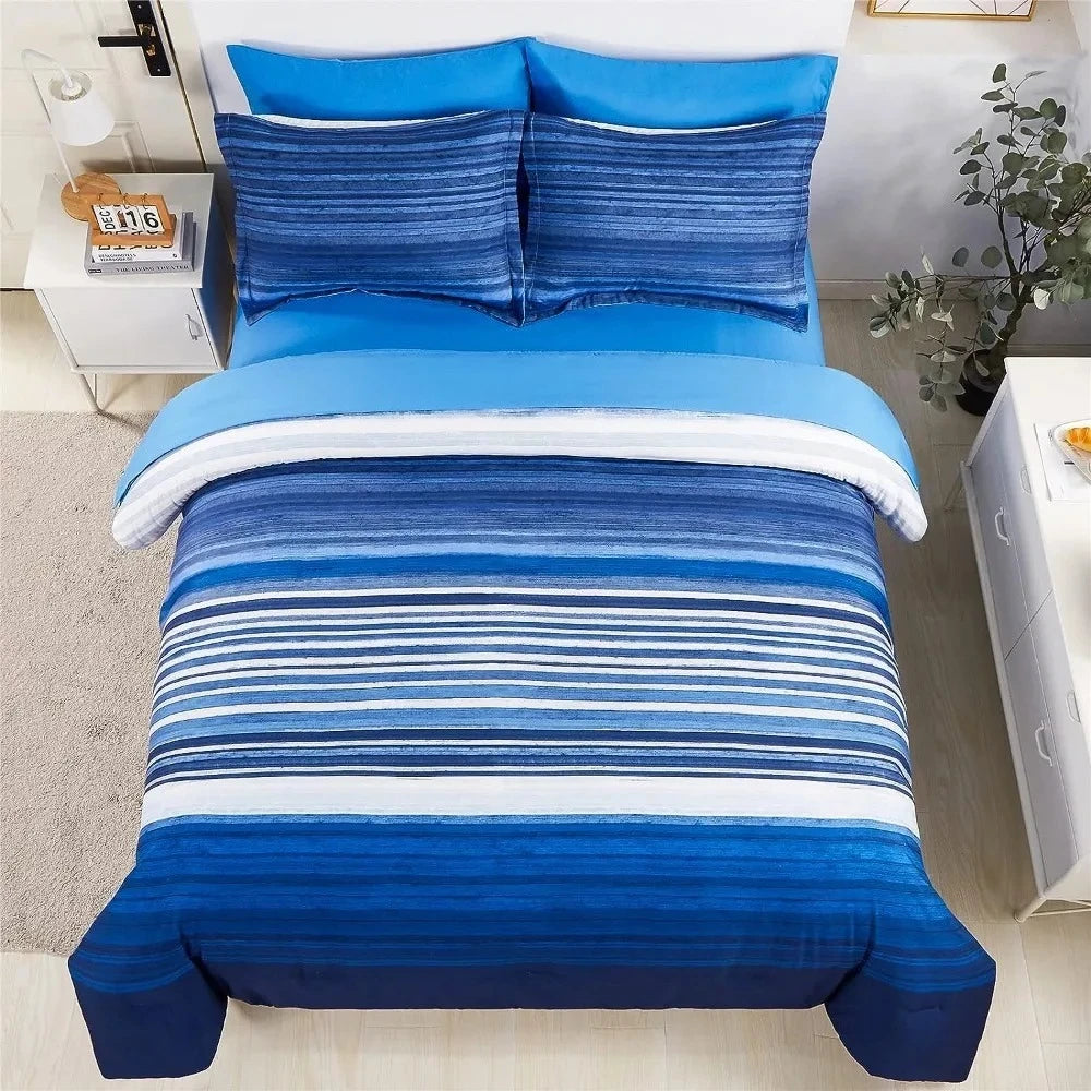 Duvet and four pillows fitted with a Blue Striped Bedding set