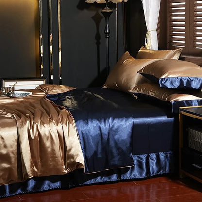 Bed standing in a bedroom with a brown floor fitted with a Blue and Gold Bedding set