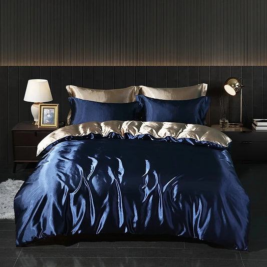 Bed standing in a luxurious bedroom fitted with a Blue and Gold Bedding set