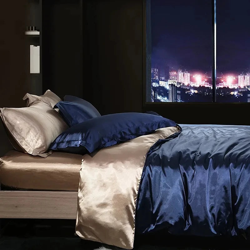 Bed standing in a bedroom fitted with a Blue and Gold Bedding set with a city in the background