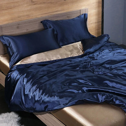 Bed featuring a Blue and Gold Bedding set 