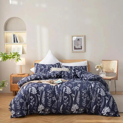 Full Frontal View of Blue and White Floral Bedding