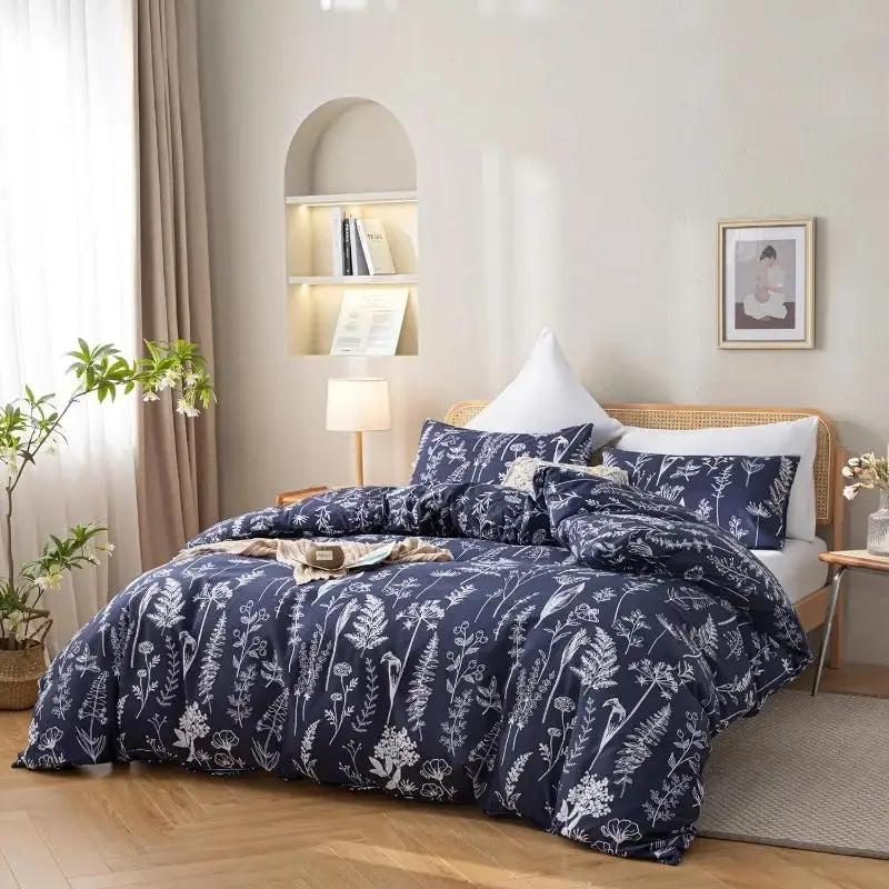 Blue and White Floral Bedding Installed on a bed in a decorated room