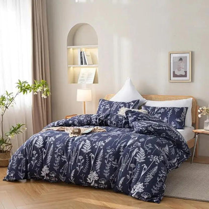 Blue and White Floral Bedding Installed on a bed in a decorated room