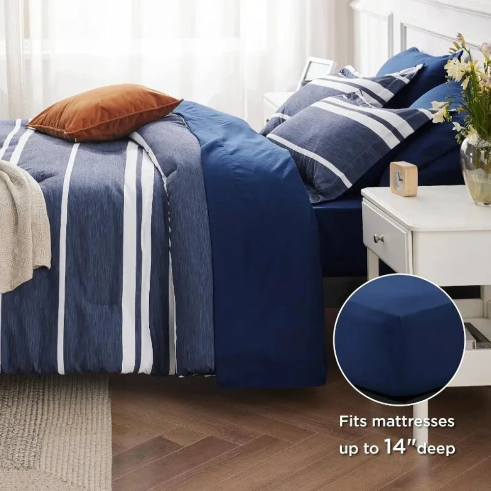 Bed fitted with a Navy Blue Bedding set while showing an infographic with information about sizing