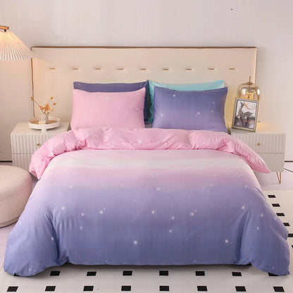 Bed standing in a bedroom fitted with a Pink and Purple Bedding set
