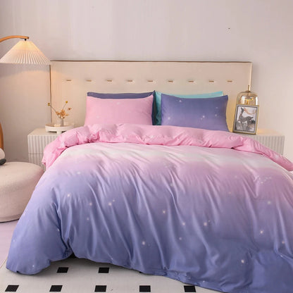 Bed standing in a bedroom in front of a white wall fitted with a Pink and Purple Bedding set